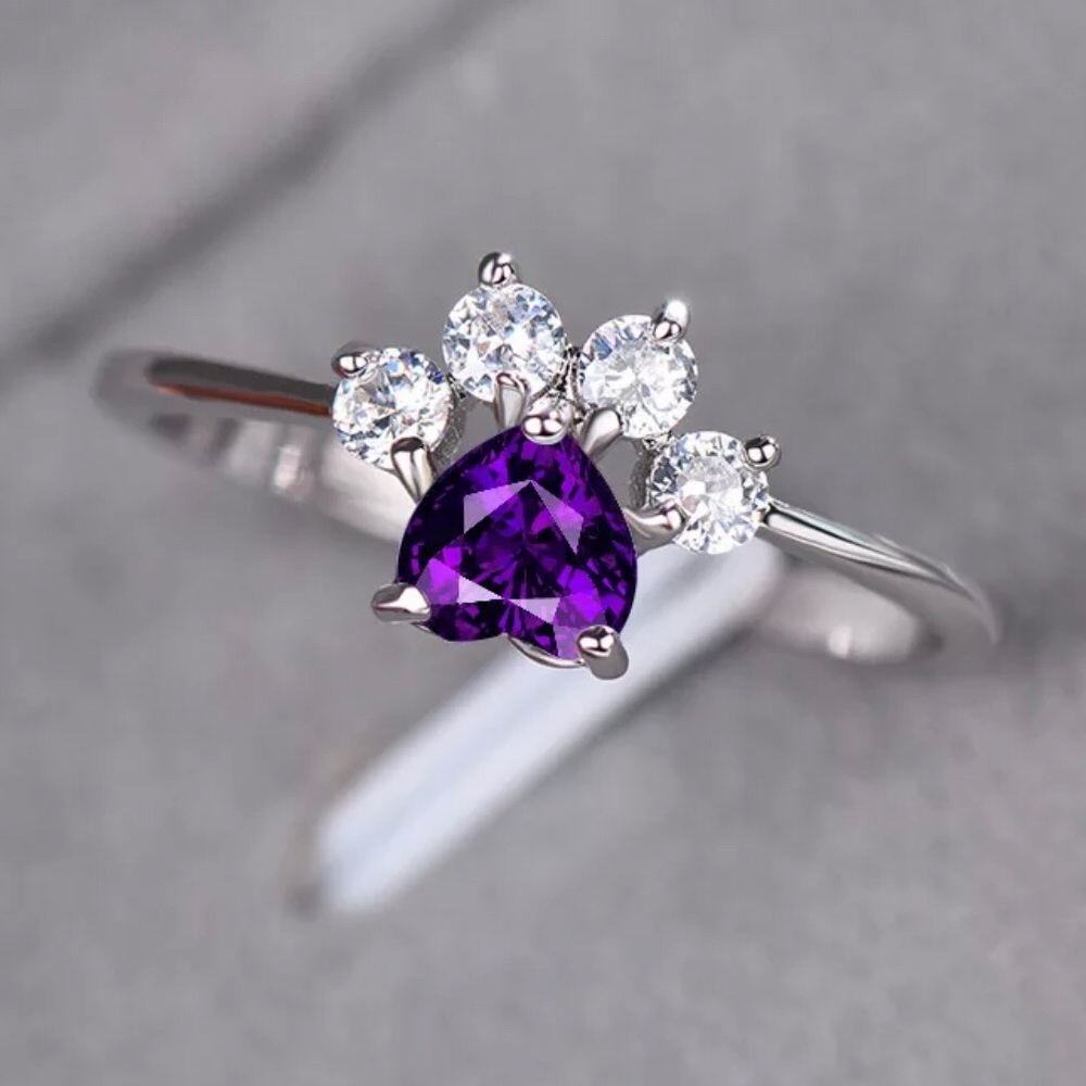NEW! Silver Paw Print Heart Ring Purple Crystals